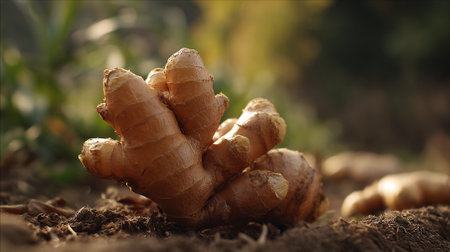 Freshly Harvested Ginger Root in Natural Soil, Bathed in Golden Sunlightの素材