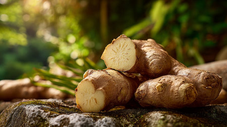 Fresh ginger root against green blurred natural background, providing nature's nourishment.の素材
