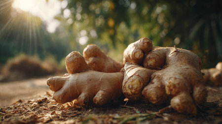 Fresh ginger roots on organic soil with blurred background with golden sunlight.の素材