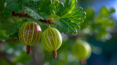 Gooseberries hanging delicately from branch, showcasing their vibrant green and red huesの素材