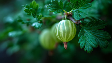 Fresh green gooseberries hanging on branch with vibrant foliage backdrop outdoors.の素材