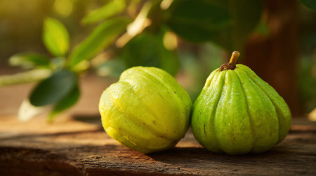 Two garcinia cambogia fruits resting on a rustic wooden surface outdoors.の素材