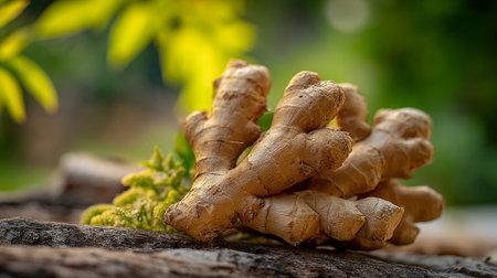 Fresh ginger root on wooden surface against soft green backgroundの素材