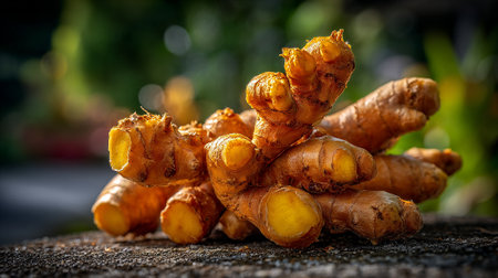 Fresh Turmeric Root Pile on Natural Surface Under Warm Sunlightの素材