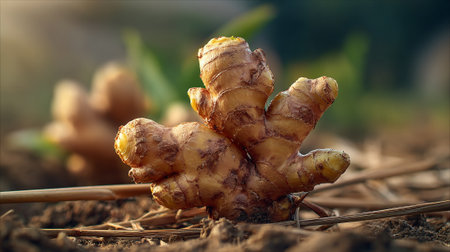 Freshly Harvested Ginger Root Displayed on Soil Surface in Organic Farming Settingの素材