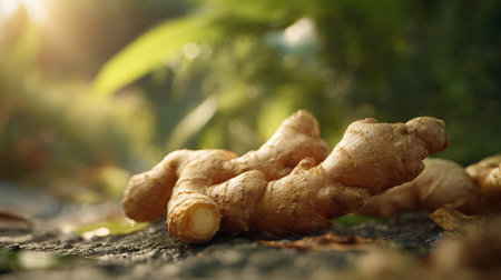 Fresh Ginger Rhizome Against a Soft Green Forest Backdrop, Natural Still Lifeの素材