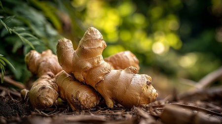 Fresh ginger root on soil with natural green background outside gardenの素材