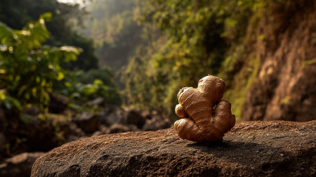 Fresh Ginger Root Resting on Rock Surface with Lush Jungle Backdropの素材