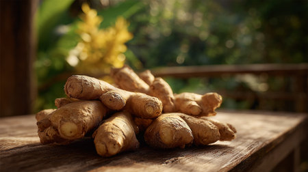 Fresh ginger root pile on rustic wooden table outdoors, sunny day.の素材