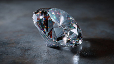 This striking image features a meticulously cut diamond gemstone displaying dazzling light refraction. The gem sits upon a dark, textured background, creating a dramatic contrast that emphasizes its brilliance and form.の素材