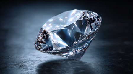 A luminous, expertly cut diamond resting on a dark, textured surface exhibits exceptional sparkle. The gem's facets reflect light intensely, creating brilliant highlights and contrasting shadows, emphasizing luxury.の素材