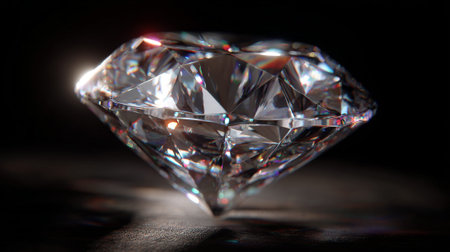 This image features a single, exquisitely cut diamond with numerous facets, brilliantly reflecting light and creating a dazzling play of colors. The jewel sits on a dark textured surface.の素材