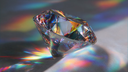 A mesmerizing diamond refracts and reflects light, casting vibrant rainbow colors on a neutral surface. The multifaceted jewel is the central element, creating a captivating and magical display of spectral illumination.の素材