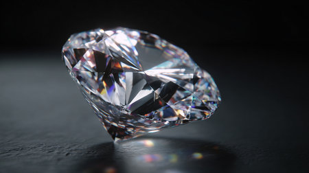 This image showcases a beautifully cut diamond with numerous facets, set against a dark, elegant background. The gemstone exhibits stunning light reflection, displaying rainbow-colored highlights and creating a captivating play of light and shadow.の素材