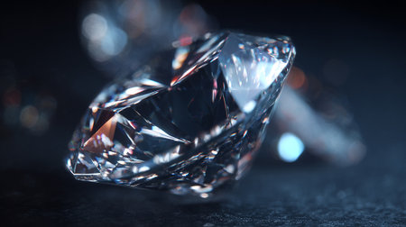 This alluring shot features a flawlessly cut diamond, reflecting light with captivating brilliance on a dark, textured surface. The gem's facets create a mesmerizing display of highlights and shadows, symbolizing luxury.の素材