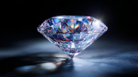 A single, expertly cut diamond sits prominently on a textured surface, radiating vibrant colors and reflecting a dazzling light. The dark background accentuates the gem's brilliance, creating a luxurious atmosphere.の素材
