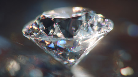 A crystal clear diamond displays incredible refraction and reflection of light, casting blurred bokeh shapes on the surrounding surface, a symbol of luxury, elegance, and enduring value.の素材