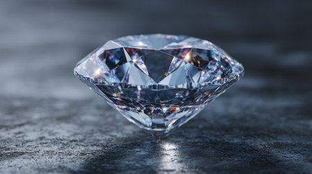 This image showcases a beautiful, faceted diamond resting on a textured dark gray surface. The diamond reflects light, creating shimmering patterns and highlights. It conveys themes of luxury, elegance, and enduring value.の素材