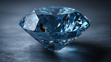 This is a striking image of a multifaceted, shimmering blue diamond. The gemstone rests on a textured, slightly rough surface. Light reflects from the gem's facets.の素材