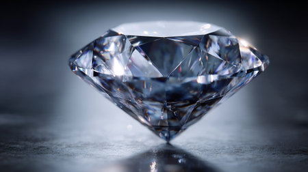 A macro shot showcases a clear diamond with intricate facets, resting on a neutral gray surface. The gem is reflecting light, revealing its brilliance and depth, emphasizing its preciousness and clarity.の素材