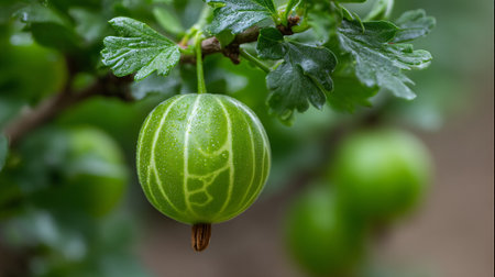 Luscious Gooseberry Delight: Captivating Macro Shot of a Ripe Green Fruitの素材