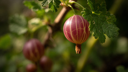 Vibrant gooseberry hanging from branch exhibits striking detail in the lush garden.の素材