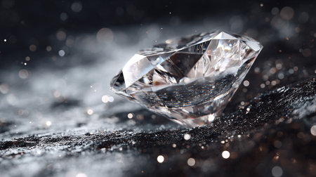 A crystal clear diamond is showcased against a textured black surface that is filled with glittering specks. The light beautifully reflects off the diamond's facets and surface.の素材