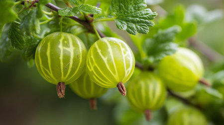 Fresh Green Gooseberries Growing on a Branch in a Natural Gardenの素材