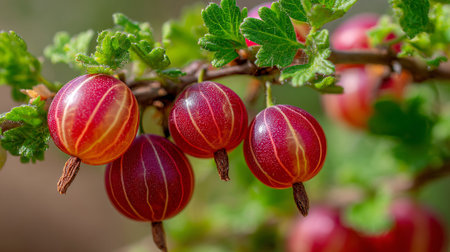 Gooseberries on the branch of bush in a garden during springtime.の素材