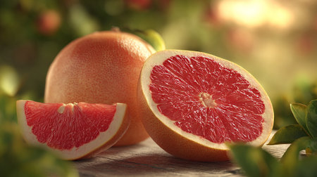 Vibrant Red Grapefruit Still Life on Rustic Wood Surface Outdoorsの素材
