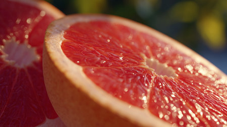 Refreshing Ruby Red Grapefruit Halves Bursting with Light and Colorの素材