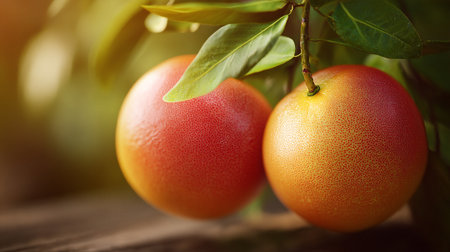 Grapefruit Pair Hanging on Tree Branch in Warm Light of Morningの素材