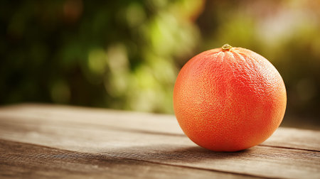 Fresh grapefruit resting gently on an aged wooden table outdoors in sunlight.の素材