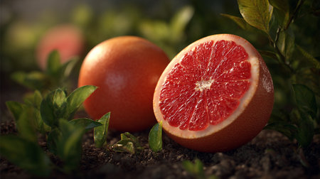 Sun-Kissed Grapefruit: A Vibrant Still Life with Earthy Undertones and Green Foliageの素材