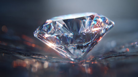 This image features a clear gemstone with intricate facets, reflecting light and displaying iridescent colors. The stone rests on a textured surface, creating a visually appealing abstract composition.の素材