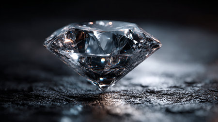A brilliant, faceted diamond rests on a rough, textured dark gray surface. The gem reflects light and casts soft glow creating a dramatic and luxurious feel to the scene.の素材