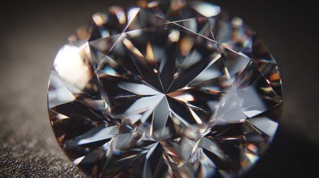 This studio shot showcases the intricate facets of a meticulously cut diamond, capturing its stunning brilliance as it reflects light. The gemstone is set against a subdued dark background.の素材