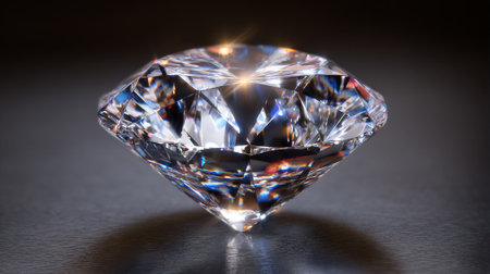 This image showcases a clear, faceted diamond with exquisite detail. Placed on a subtly textured dark gray surface, the gemstone refracts light creating iridescent shimmers and highlights, illuminating its precise cuts and shape.の素材