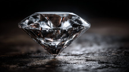 This stunning image showcases a meticulously cut, clear diamond resting on a textured, dark surface. The diamond's facets beautifully reflect the surrounding light, creating an intense sparkle and highlighting its unique form.の素材