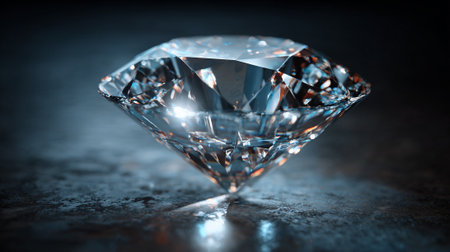 A meticulously cut solitaire diamond is pictured in a dramatic setting. The diamond's facets catch the light, creating a radiant and luxurious effect on the stone and reflective surface.の素材