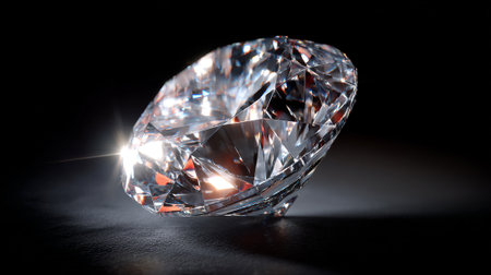 A single, exquisitely faceted diamond shimmers against a dark backdrop. The gemstone catches the light, refracting and reflecting it into a captivating display of brilliance and sparkle, creating an elegant composition.の素材
