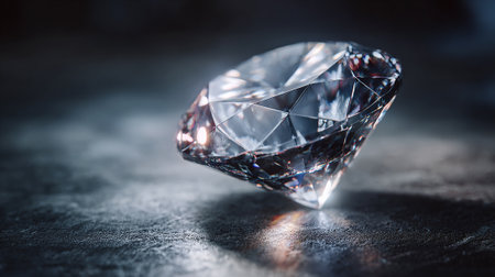 An expertly cut and polished diamond is showcased, reflecting light and displaying its brilliant facets on a textured, dark gray surface, symbolizing wealth and preciousness, creating a mood of elegance.の素材