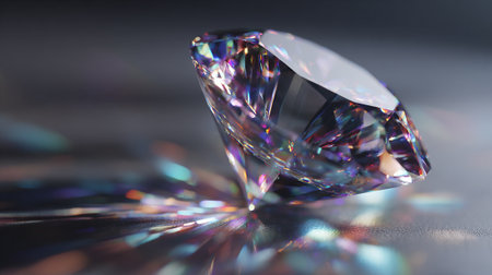 This image showcases a beautiful faceted jewel with vibrant colors, sharp angles, and intricate reflections. The stone sits on a reflective surface, enhancing the gem's brilliance and visual appeal.の素材