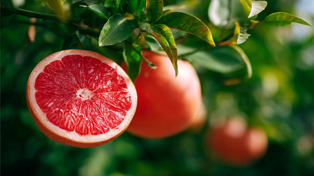 Fresh Grapefruit Slices Hanging from Tree Branches in Natural Lightの素材