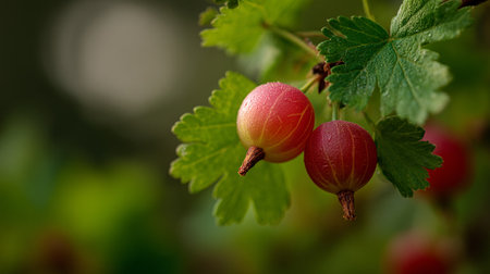 Luscious Gooseberries Gleaming with Morning Dew on a Verdant Branchの素材