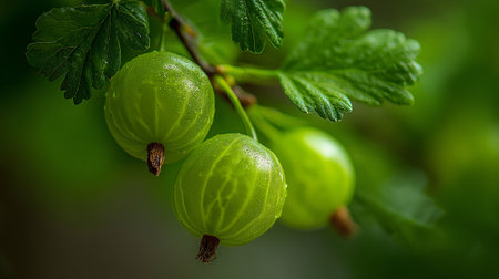Fresh gooseberries on the branch, vibrant green, refreshing harvest bountyの素材
