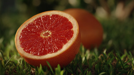 Freshly Sliced Grapefruit on Green Grass: A Burst of Citrus Flavorの素材