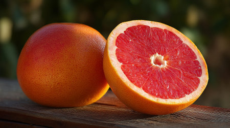 Ruby Red Grapefruit Still Life on Rustic Wood Surface In Soft Lightの素材