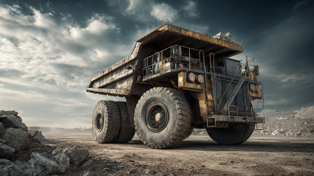 A powerful, weathered yellow dump truck dominates the scene, parked in a quarry with rocks. Dramatic clouds fill the sky, adding a sense of scale and visual depth.の素材
