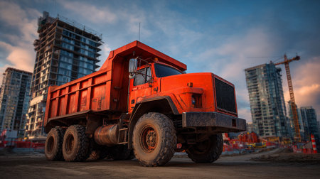 The striking image features a bold red dump truck amidst a busy urban construction site. Buildings under construction, cranes, and ground work are visible. The photo evokes a sense of industrious progress.の素材